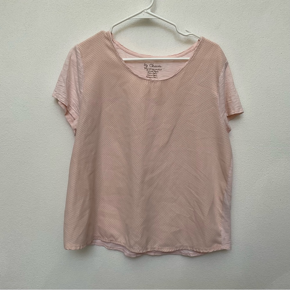 By Chico's Blush Pink Laser Cut Front Short Sleeve T-Shirt Size 2 US Large